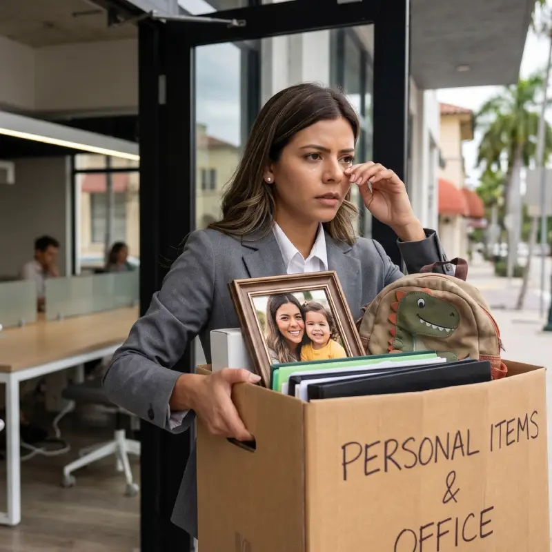 a businesswoman leaving the office after getting fired