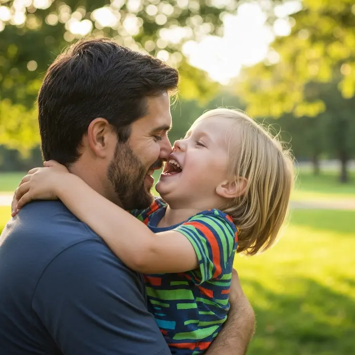A father joyfully embraces his young child in a sun-dappled park